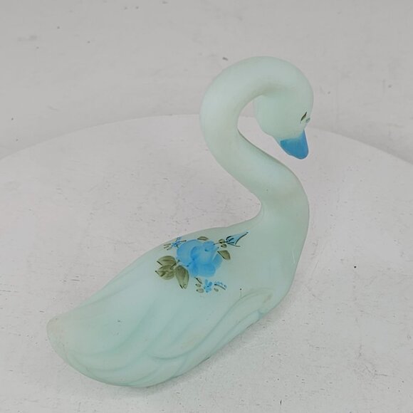 Fenton Satin Blue Glass Swan Blue Roses Satin Hand Painted Signed - Picture 8 of 8